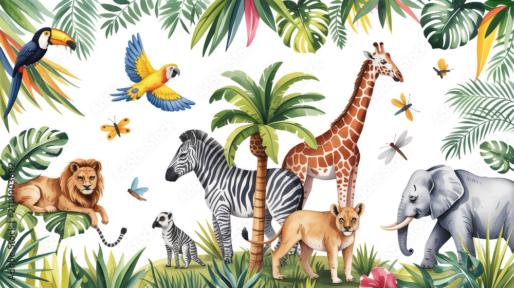Obraz premium Illustration of various animals in a lush jungle environment including a giraffe lion toucan monkey zebra elephant with wild animals, animal illustrat