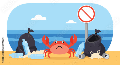 Sad small red crab sits on a sandy beach littered with plastic waste, empty bottles, and dirty black garbage bags.