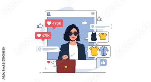Young female fashion influencer presents her daily style in a social media template with comments and colorful like icons.