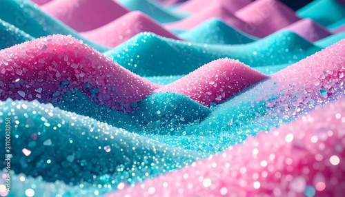 Abstract Landscape of Pink and Cyan Textured Sugar Crystals Forming Soft Wavy Dunes with Sparkling Depth and Macro Details