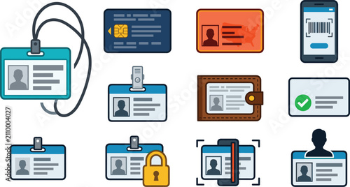 Digital identification and identity verification icon set featuring employee badges secure access authentication mobile credentials and profile management vector collection