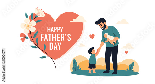 Happy young father holds his baby and walks hand in hand with his little son to celebrate fathers day in a scenic park.