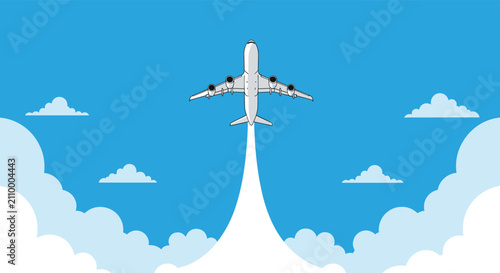 Large passenger airplane flies high up into the bright blue sky leaving a long white vapor trail behind its engines.