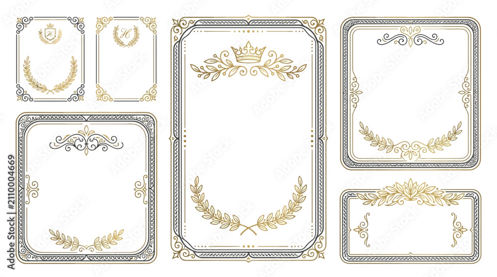 Fototapeta premium Golden Decorative Frames with Laurel Wreaths and Crowns - Vintage Ornate Borders