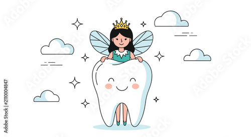 Cute tooth fairy character wearing a crown and wings holding a giant happy smiling tooth among clouds and stars in a clean vector style.