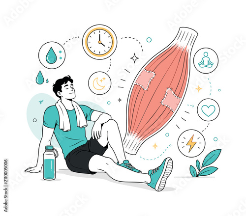 Muscle Recovery Process. A relaxed athlete rests beside a large abstract muscle fiber diagram, with repair patches, clock icons, and hydration symbols floating nearby. The scene shows the body