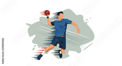Energetic male handball player in action jumping high to throw a ball with speed trails against a dynamic paint splatter background.