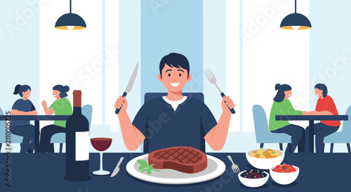 Smiling young man sitting at a restaurant table holding a knife and fork, ready to eat a delicious large grilled beef steak.