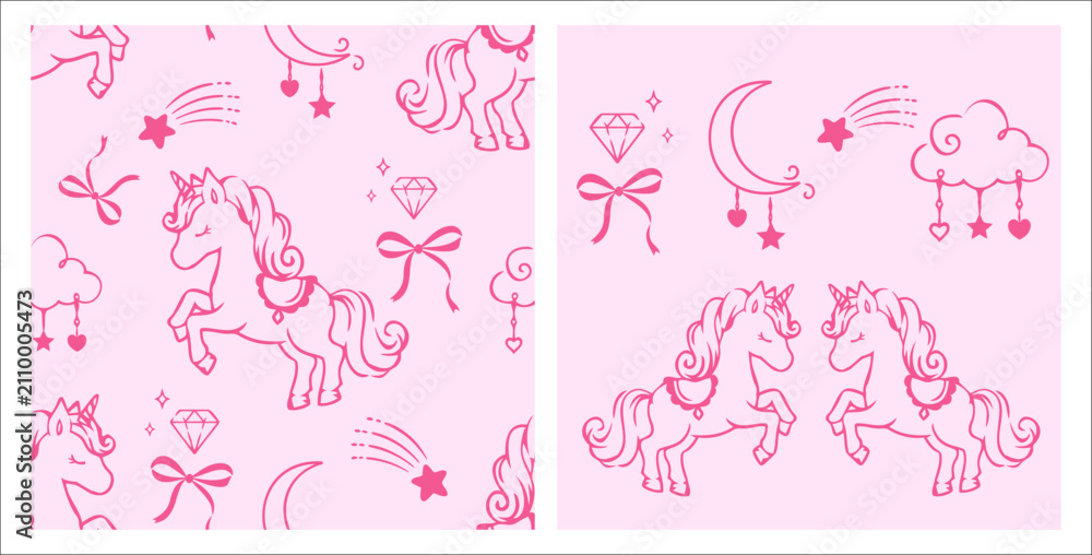 Fototapeta premium Cute seamless unicorn pattern featuring magical horses, crescent moon, shooting stars, bows, diamonds, and dreamy clouds in hand drawn pink line art style for fabric, nursery decor and wrapping paper.
