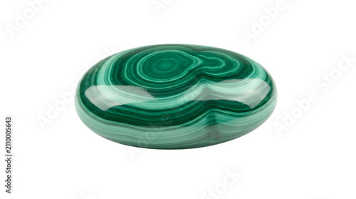 Polished oval malachite gemstone with concentric green banded patterns isolated on a black mineral d