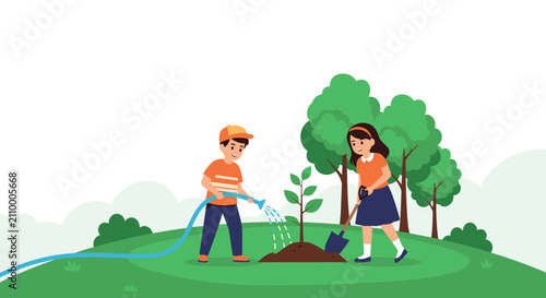 Young boy and girl working together to plant a tree, watering the soil and digging with a shovel on a green grassy hill.