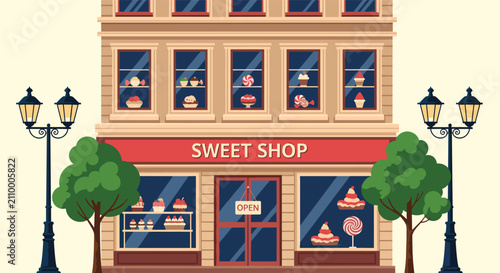Charming storefront of a sweet shop displaying delicious cakes, cupcakes, and lollipops in windows, framed by trees and street lamps.