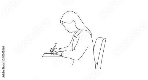 Line drawing of a seated person writing with a pen on paper