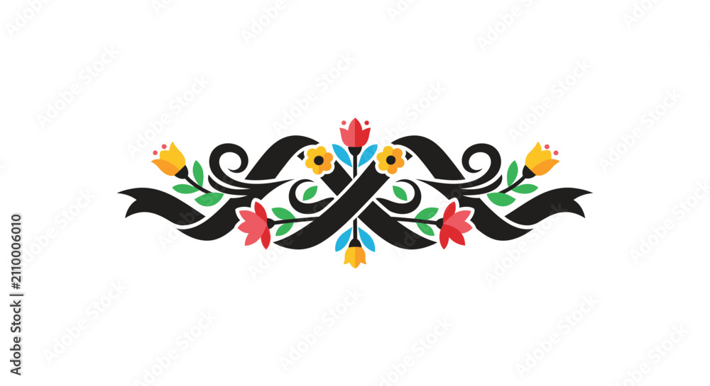 Naklejka premium Floral ornament with ribbons and stylized flowers vector illustration