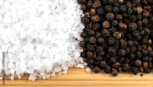 Vibrant close-up of coarse white sea salt crystals and whole black peppercorns, perfectly separated on a wooden background, highlighting essential culinary seasonings