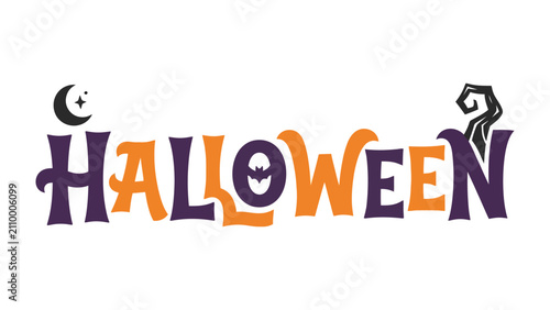 Fotografie Halloween Typographic Design: A creative and festive typographic design spells out Halloween with playful, spooky elements like a crescent moon, stars, a bat, and a haunted tree