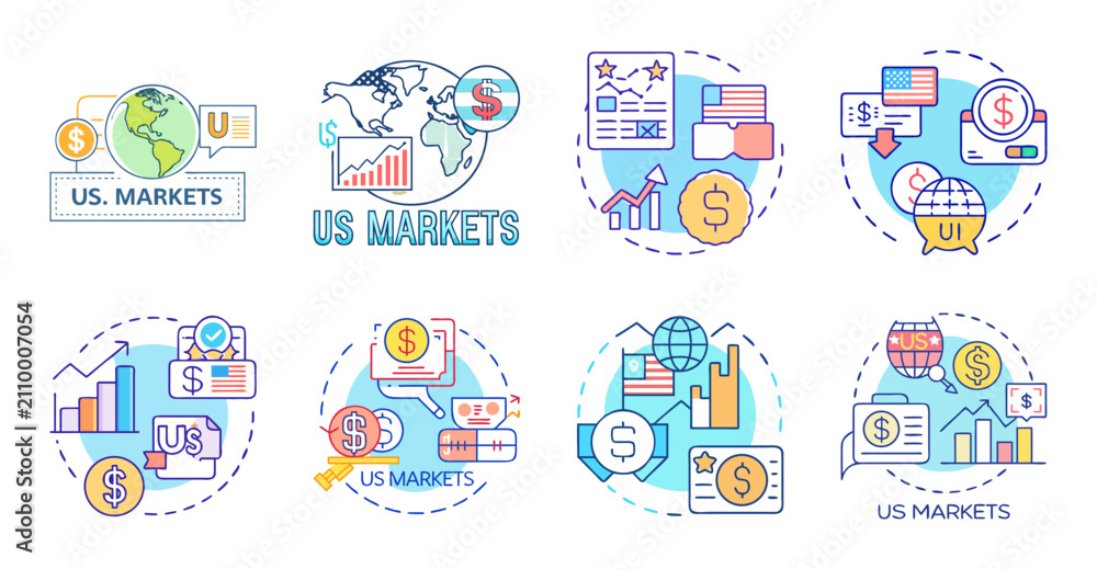 Fototapeta premium Colorful tech and business icons set - Bright and modern flat icons showing technology, business, finance, and communication concepts in a vibrant style.