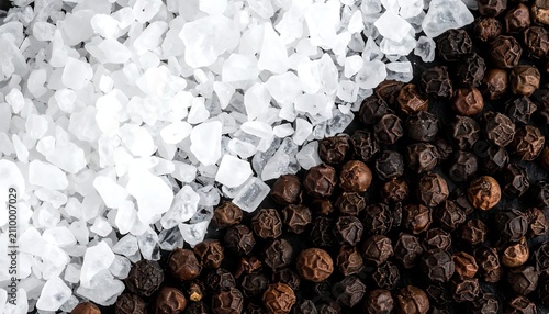Close-up high-angle view of a striking diagonal divide between coarse white sea salt crystals and whole black peppercorns, showcasing essential culinary seasonings