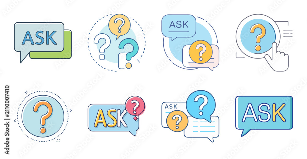 Fototapeta premium Flat design question answer chat icons set - Colorful set of flat icons showing question, answer, and chat bubbles for communication or support designs.