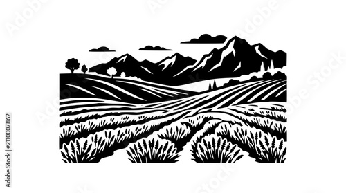 Linocut illustration of a scenic mountain landscape with rolling fields