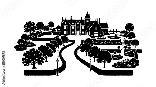 Manor House Estate and Gardens Silhouette Illustration