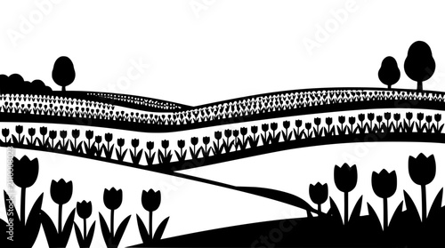 Silhouette Landscape of Rows of Tulips on Rolling Hills