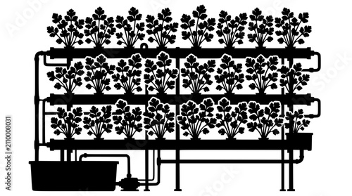 Silhouette of a Vertical Hydroponic Farming System with Plants