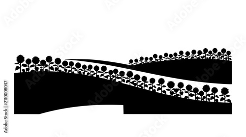 Sunflower Field Hills Landscape Silhouette Vector Illustration