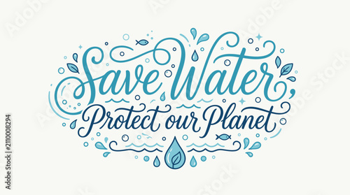 Konstfotografi Save Water Protect our Planet calligraphic design with water droplets, leaves, and fish motifs, promoting environmental conservation