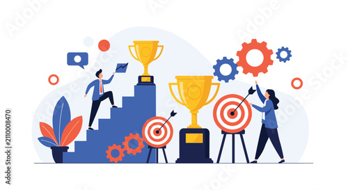 Corporate business success concept shows professionals climbing stairs toward big gold trophies and hitting targets.