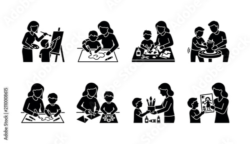 Parent and child creative bonding. Filled icon set of Parent and child creative bonding: parent painting with child, parent helping child draw, parent and child making crafts, parent teaching pottery,