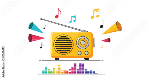Retro yellow radio receiver playing musical notes and colorful sounds with an audio wave equalizer at the bottom.