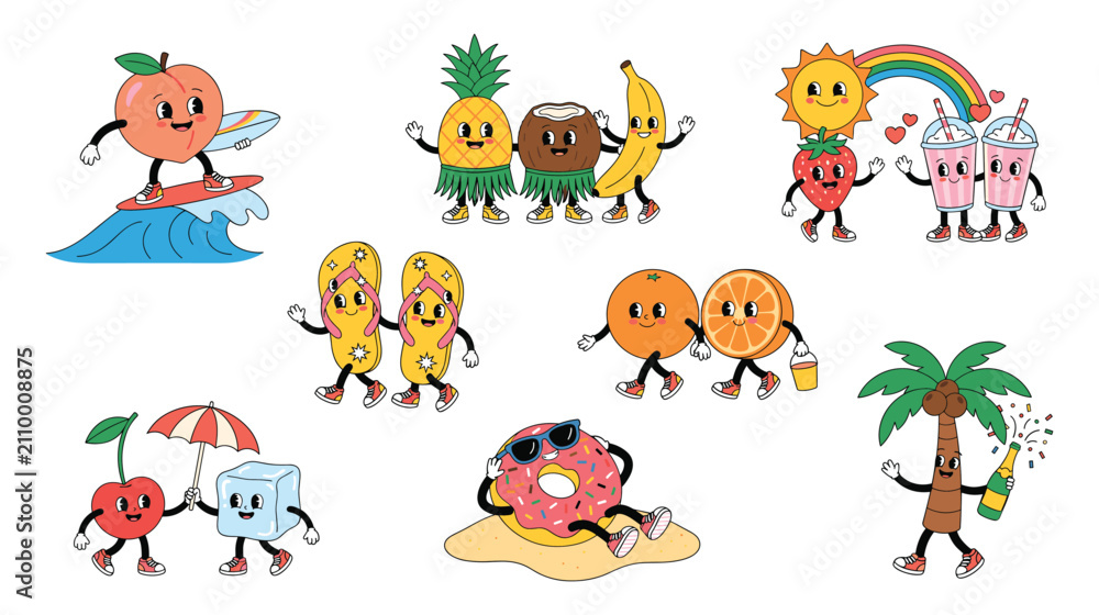 Obraz premium Set of cute summer fruit characters in different activities cartoon.