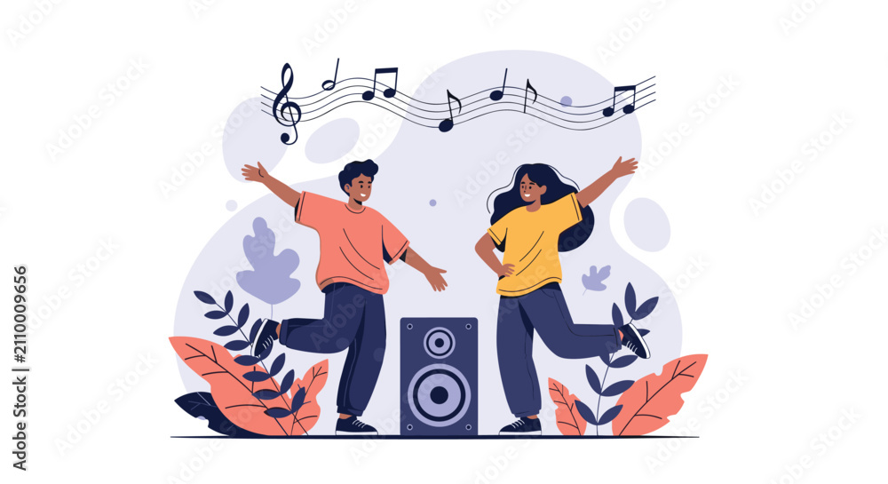 Fototapeta premium Young man and woman dancing joyfully next to a sound speaker with music notes floating around in a garden setting.