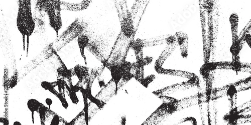 Messy black graffiti spray paint tags with heavy ink drips on white wall texture for authentic urban street art aesthetic and high quality grunge design background elements