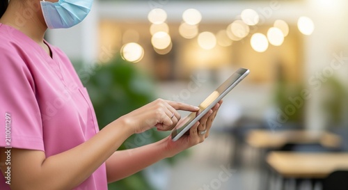 Close-up of a healthcare worker in a pink uniform and blue face mask using a digital tablet in
