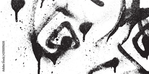 Urban grunge black spray paint swirl texture with paint drips on white background for artistic street art style graphic design and overlay projects