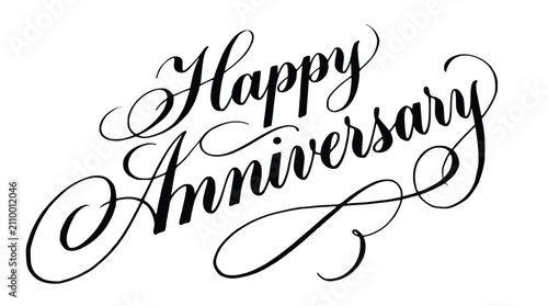 Happy anniversary elegant cursive calligraphy text design for romantic greeting card invitation marriage celebration lettering.
