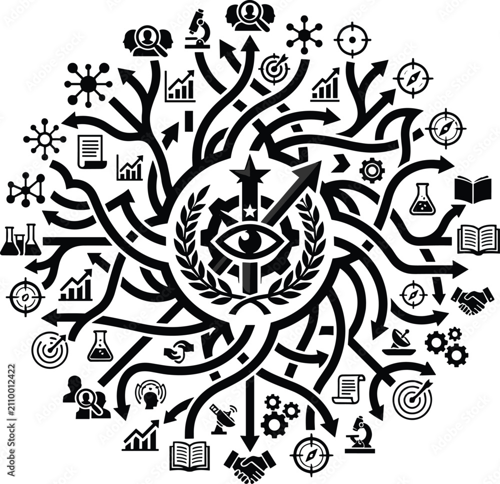 Fototapeta premium Complex Data Science and Information Network Flowchart Infographic Featuring Central Vision Core