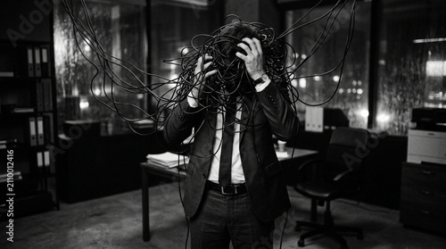 Frustrated businessman tangled in cables, office stress, technology overload, chaos