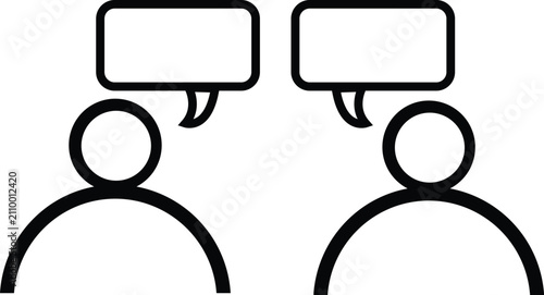 Vector icon set of people talking with speech bubbles, featuring both solid black and outline styles, representing communication, discussion, teamwork, social interaction, and community feedback.