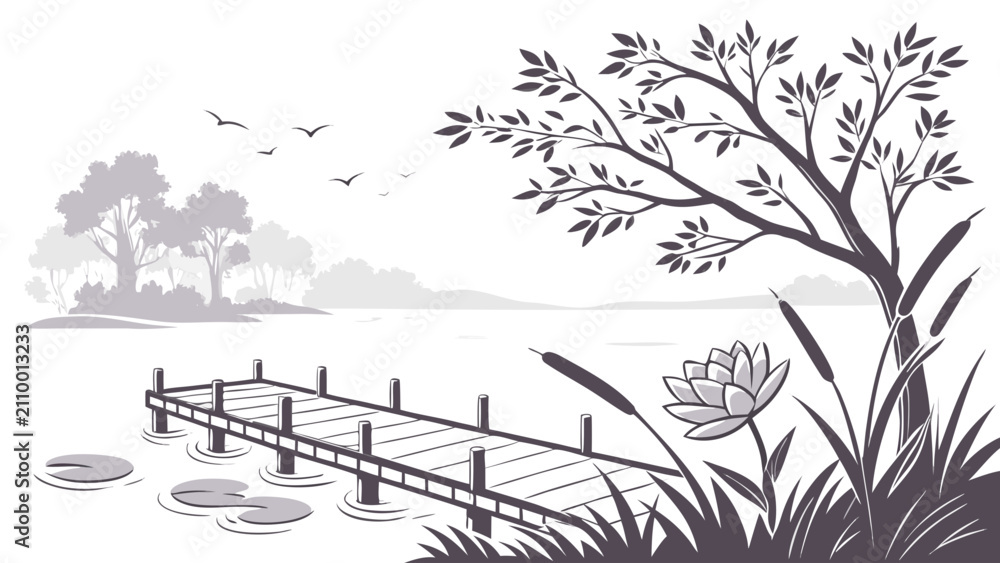 Fototapeta premium Monochromatic vector illustration of a wooden dock on a calm lake with landscape