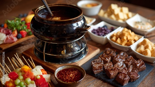 A fondue dinner setup with various dipping options and sauces