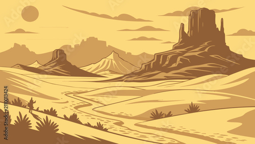 Bild auf Leinwand Desert landscape with mesas, canyons, and a lone traveler on a dusty path
