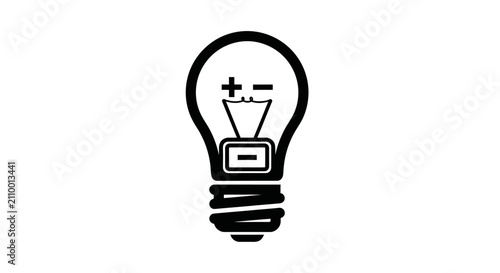 Minimalist light bulb icon with battery and polarity symbols