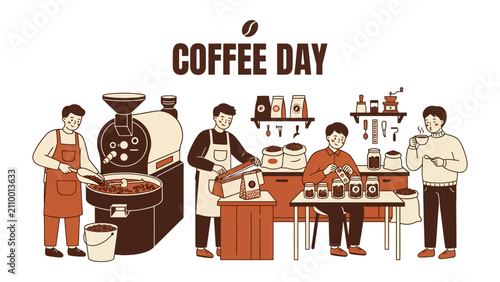 Obraz na płótnie Coffee Day Celebration: A vibrant illustration depicting the entire coffee-making process, from roasting beans with specialized machinery to the final enjoyment of a steaming cup