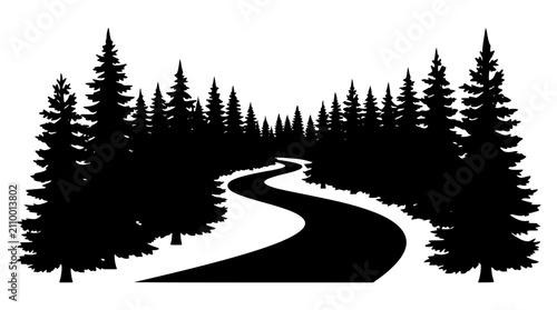 Winding road through a pine forest silhouette