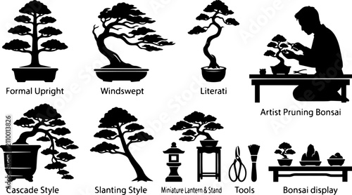 Fotografie Bonsai Tree Style Silhouette Set – Windswept, Literati, Art Forms, Japanese Gard