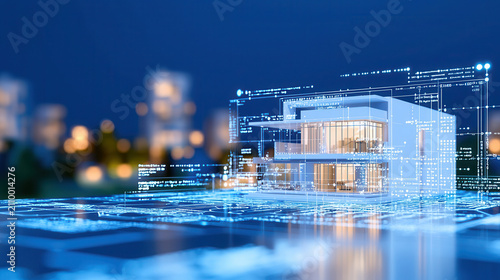 Digital rendering of modern house with architectural blueprints and glowing lines, showcasing innovative design and technology