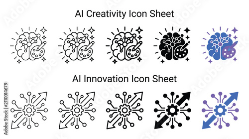 A comprehensive vector illustration set of artificial intelligence creativity and innovation icons featuring brain and gear symbols in various line art and bold flat graphic styles